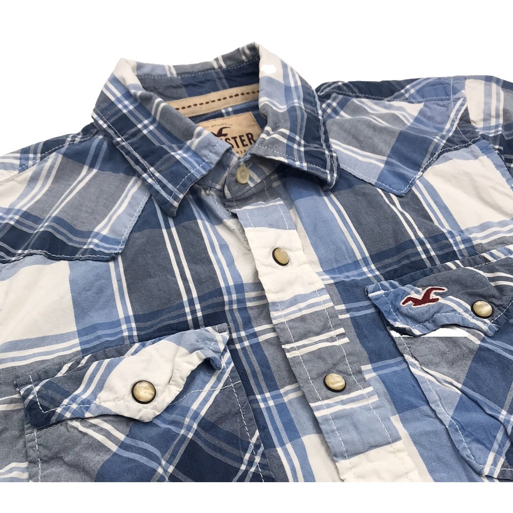 Y2K Hollister Western Shirt S/M Blue Plaid Pearl Snap‎ Short Sleeve Rodeo Cowboy